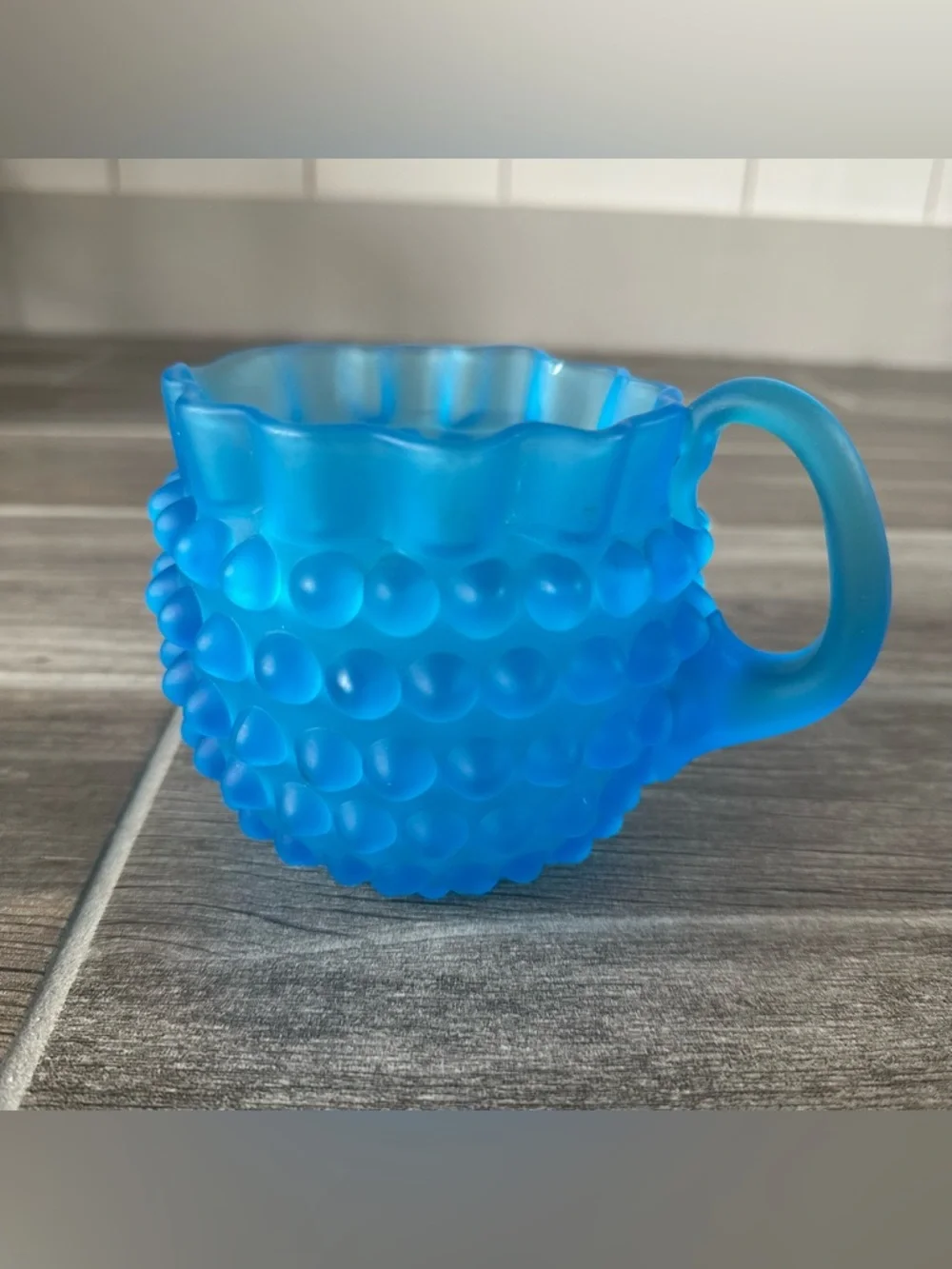 Vintage Fenton Frosted Satin Blue Teal Hobnail W/Ruffled Edge Table Creamer